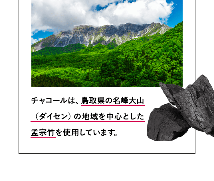 チャコールは、鳥取県の名峰大山（ダイセン）の地域を中心とした孟宗竹を使用しています。
